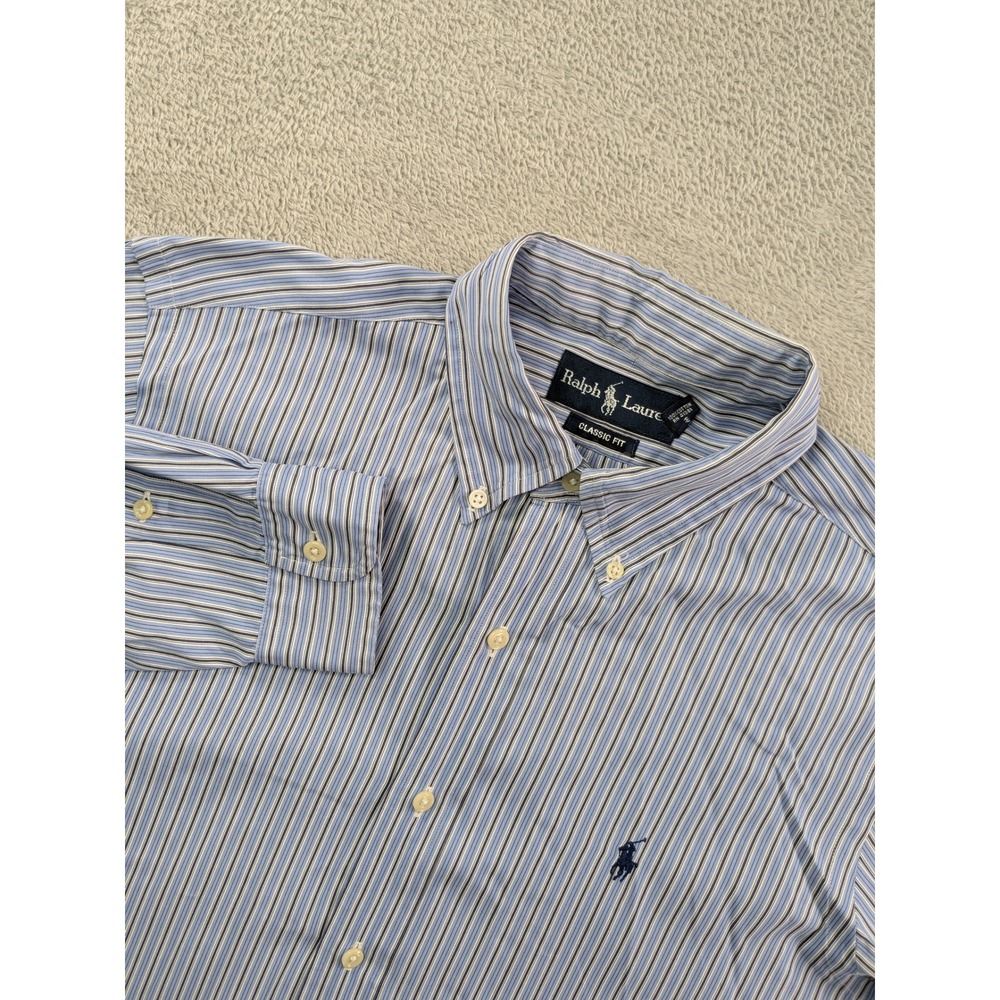 Ralph Lauren Classic Fit Mens Medium Blue White Striped Cotton Button Down Shirt